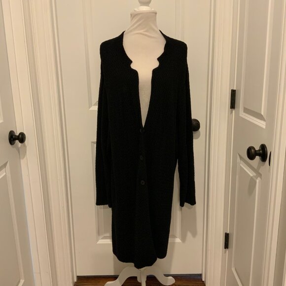 Eileen Fisher Woman Black Waffle Knit Wool Blend Long Cardigan Sweater 2X - Picture 2 of 13